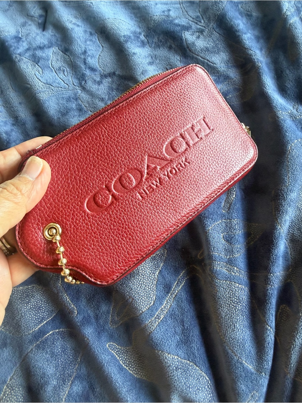 Coach Red Pebbled Leather Chain Wristlet Pouch with Gold Accents - Picture 13 of 16